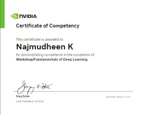 NVIDIA Certificate on FUNDAMENTALS OF DEEP LEARNING
